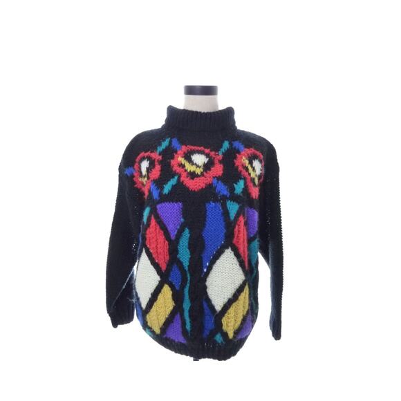 Vintage 80s Black Chunky Slouchy Pullover Granny Retro Sweater Medium M Wool - Picture 1 of 5